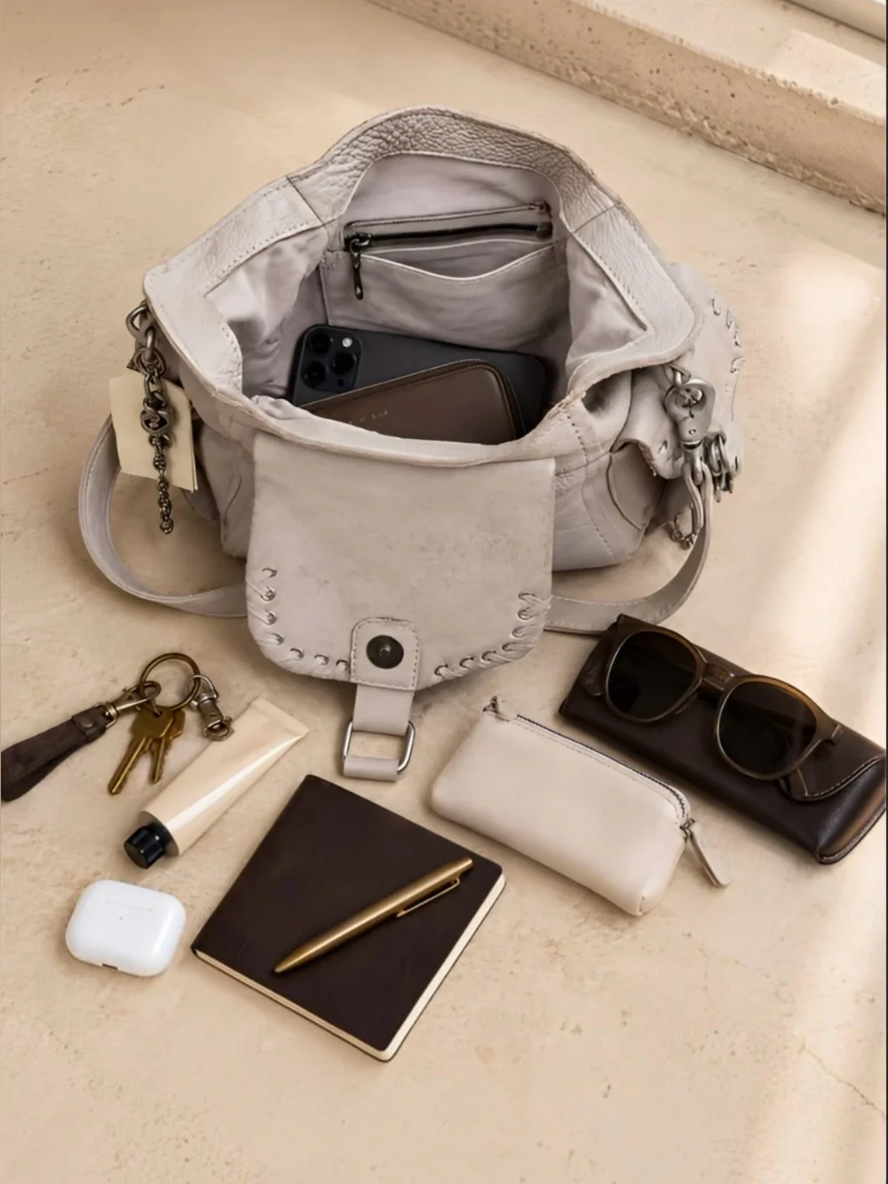 Free People Baby Leigh Pearl Leather Hobo Crossbody Shoulder Bag Lock Key Charm